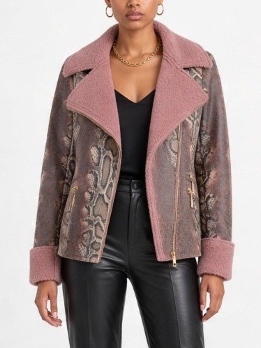 NWT V Cristina Pink Snakeskin Print Moto Jacket Sherpa Fleece Lined Womens S